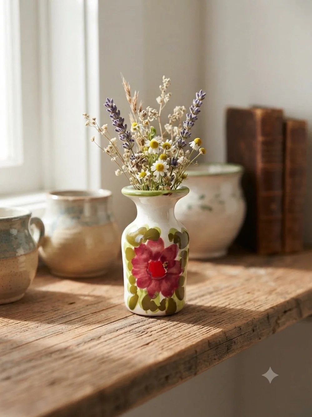 vintage ceramic vase features hand-painted floral motifs typical of mid-century